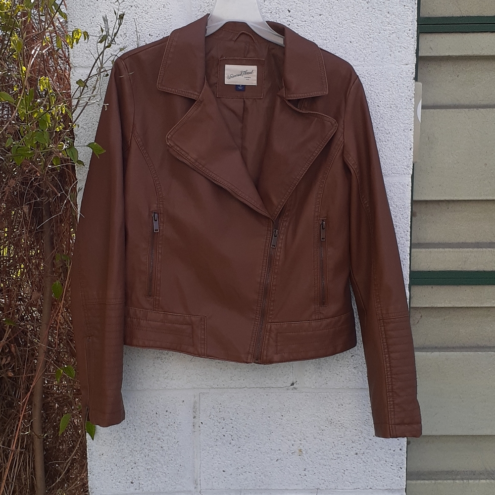 Universe thread vegan leather brown moto jacket sM